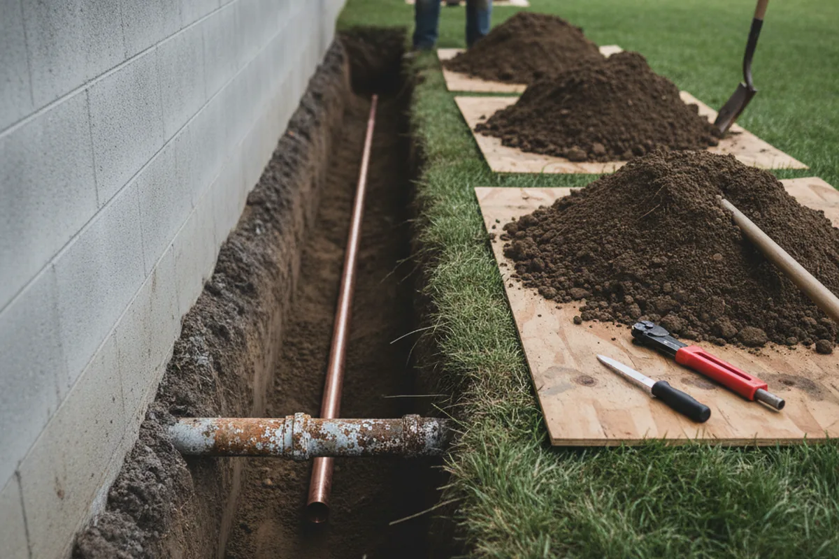 Excavated water line trench during Sewer Line Repair in Lovilia